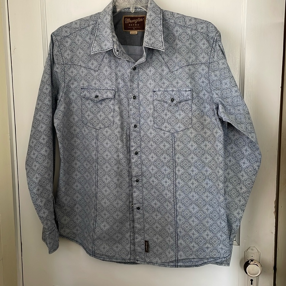 WRANGLER RETRO Western Shirt Men’s Size XL Pearl Snap Shirt Blue Print
